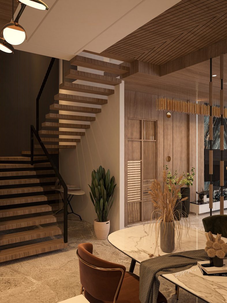 Timber-clad staircase and dining interior